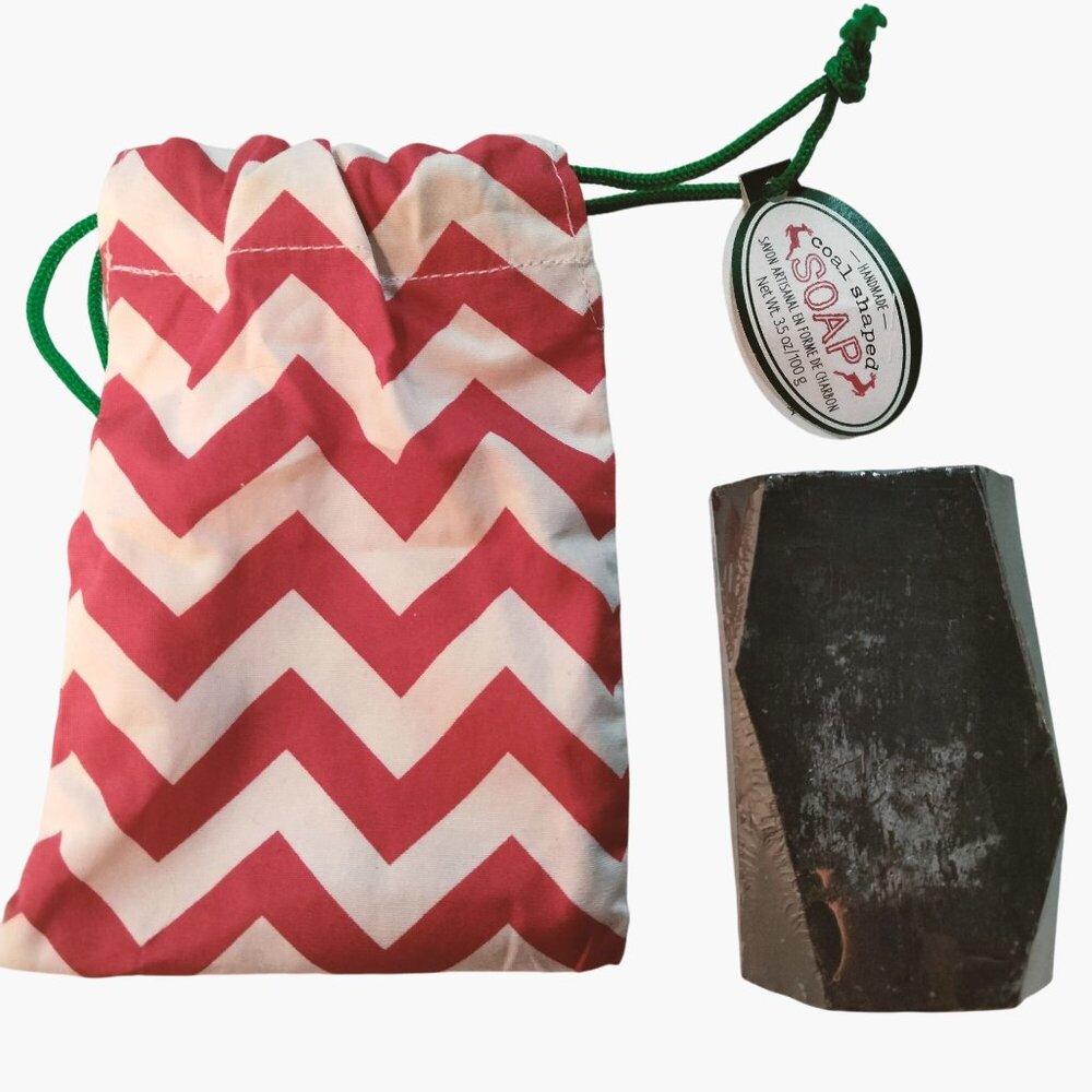 Christmas Stocking Stuffer Coal Shaped Soap Red Drawstring Bag Giftcraft